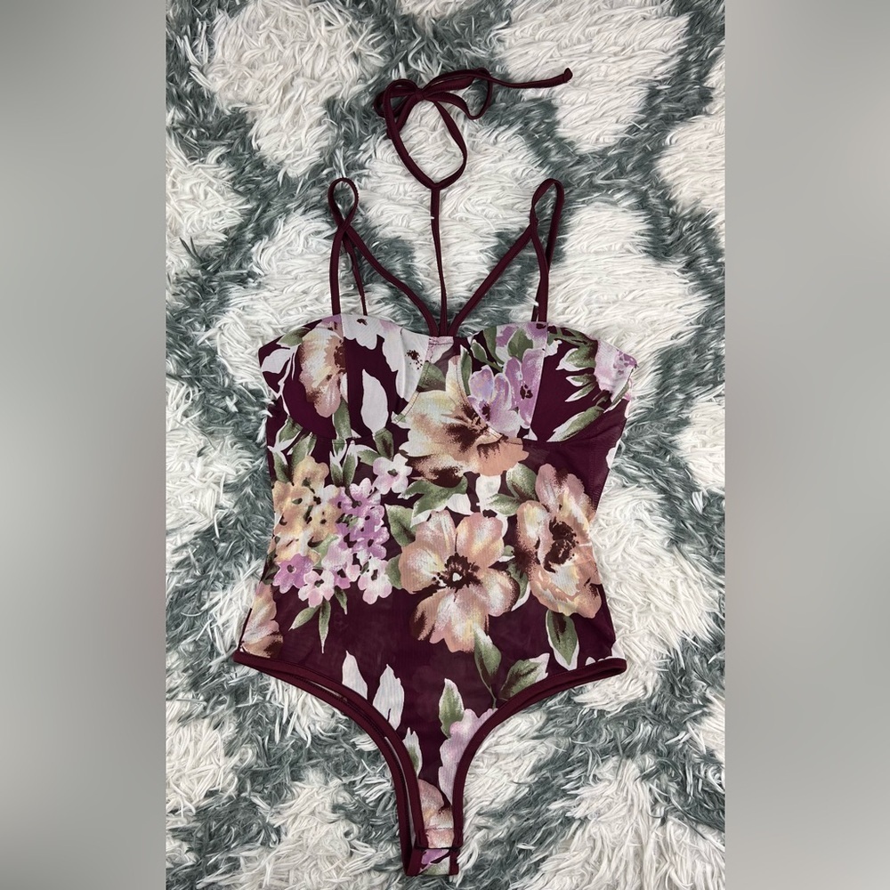 Haute Monde Women’s one piece body suit leotard burgundy floral size Large